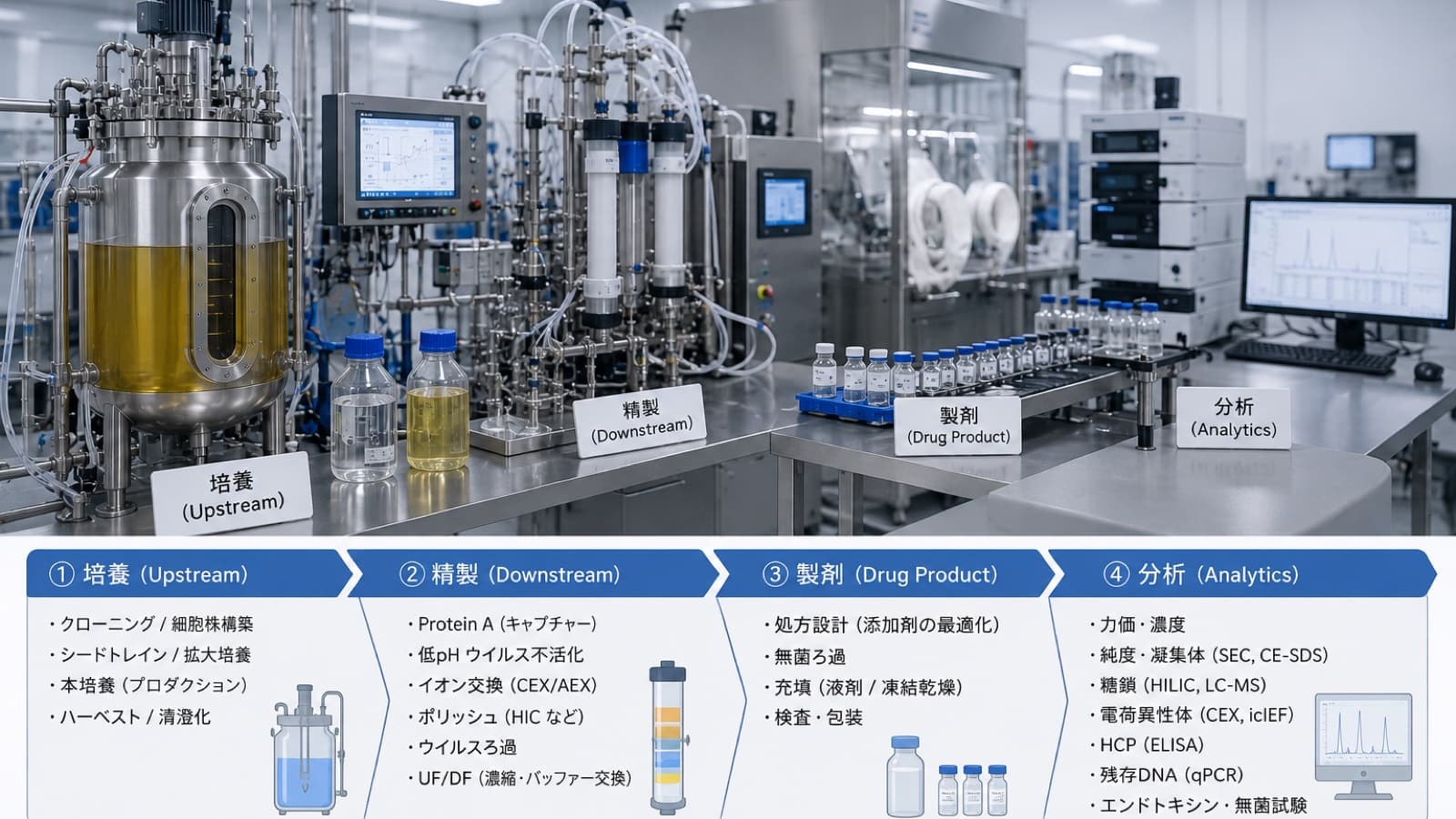 抗体医薬の製造工程とは?培養・精製・製剤・分析の流れ