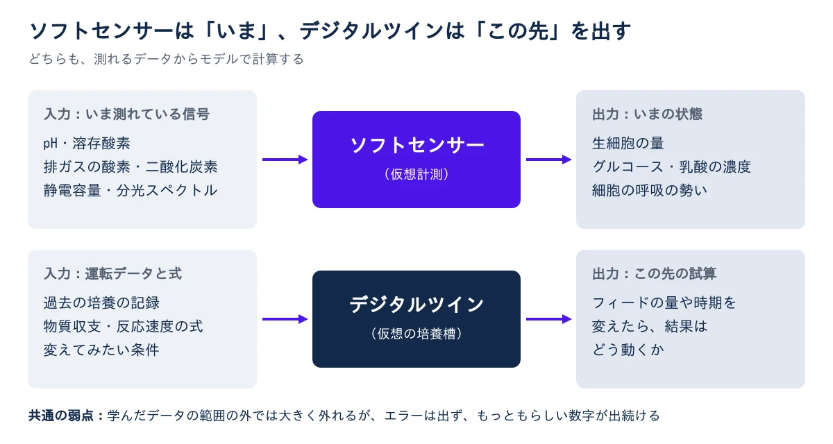 上下2段の流れ図。上の段は、pH・溶存酸素、排ガスの酸素と二酸化炭素、静電容量・分光スペクトルといういま測れている信号が、ソフトセンサー(仮想計測)を通って、生細胞の量、グルコースと乳酸の濃度、細胞の呼吸の勢いといういまの状態になる。下の段は、過去の培養の記録、物質収支と反応速度の式、変えてみたい条件が、デジタルツイン(仮想の培養槽)を通って、フィードの量や時期を変えたら結果がどう動くかという試算になる。下に、共通の弱点として、学んだデータの範囲の外では大きく外れるがエラーは出ず、もっともらしい数字が出続けると書かれている