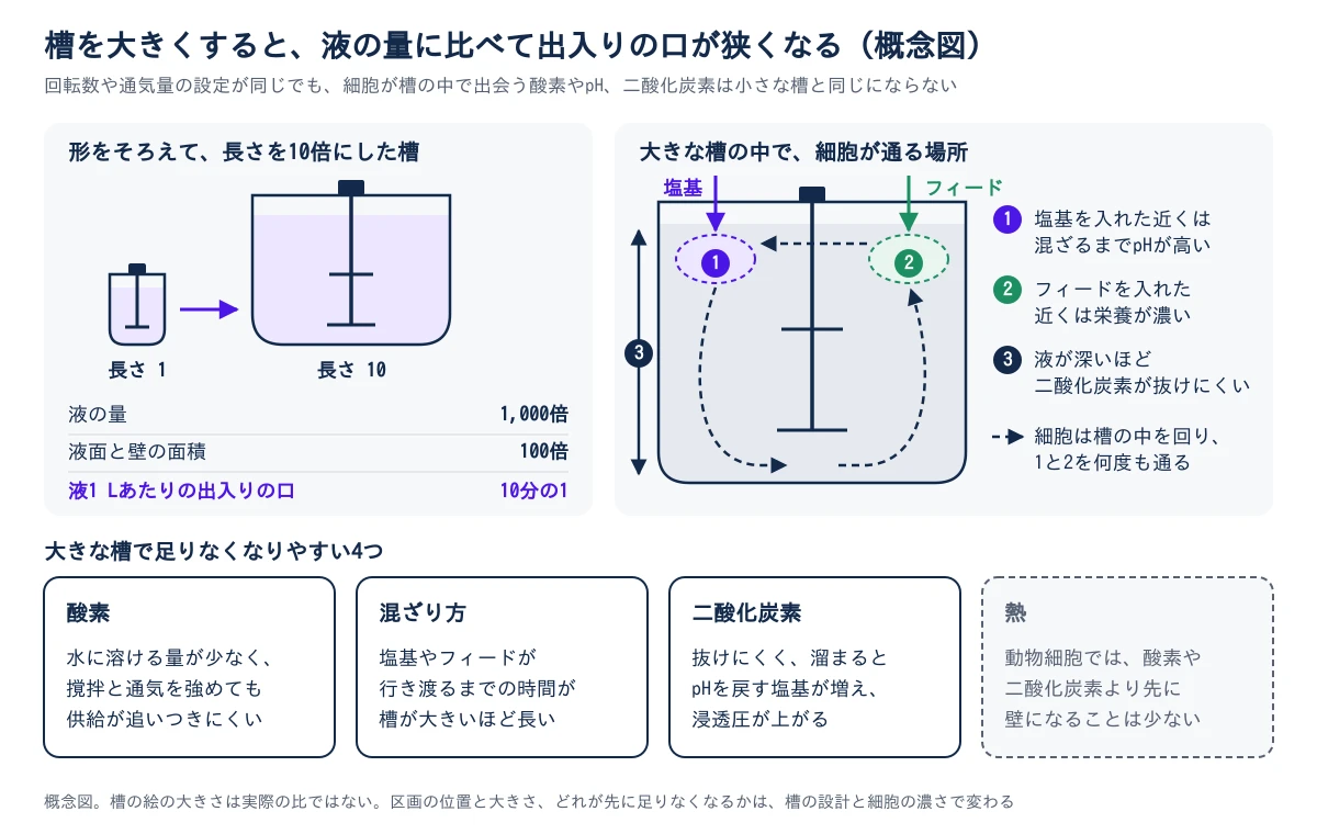 3つの区画からなる概念図。左上は、形をそろえたまま長さを10倍にした小さな槽と大きな槽で、液の量は1,000倍、液面と壁の面積は100倍になり、液1 Lあたりの出入りの口は10分の1になることを示す。右上は大きな槽の断面で、上から塩基を入れた場所の近くは混ざるまでpHが高く、フィードを入れた場所の近くは栄養が濃い。液が深いほど二酸化炭素が抜けにくい。点線の矢印は、細胞が槽の中を回り、塩基とフィードの近くを何度も通ることを示す。下段は、大きな槽で足りなくなりやすい4つを並べる。酸素は水に溶ける量が少なく、撹拌と通気を強めても供給が追いつきにくい。混ざり方は、塩基やフィードが行き渡るまでの時間が槽が大きいほど長い。二酸化炭素は抜けにくく、溜まるとpHを戻す塩基が増えて浸透圧が上がる。熱は、動物細胞では酸素や二酸化炭素より先に壁になることは少ない。最下部に、槽の絵の大きさは実際の比ではなく、区画の位置と大きさ、どれが先に足りなくなるかは槽の設計と細胞の濃さで変わる、と書かれている。