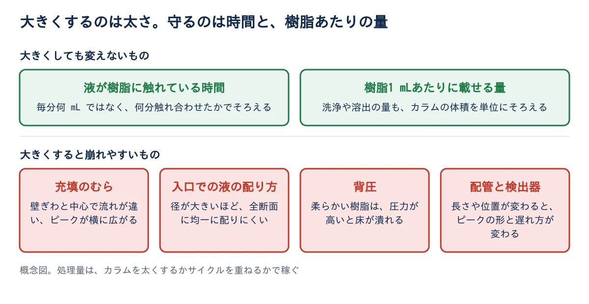 題は、大きくするのは太さ。守るのは時間と、樹脂あたりの量。上の段は大きくしても変えないもので、緑の箱が2つ。液が樹脂に触れている時間(毎分何 mL ではなく、何分触れ合わせたかでそろえる)と、樹脂1 mLあたりに載せる量(洗浄や溶出の量も、カラムの体積を単位にそろえる)。下の段は大きくすると崩れやすいもので、赤い箱が4つ。充填のむら(壁ぎわと中心で流れが違い、ピークが横に広がる)、入口での液の配り方(径が大きいほど全断面に均一に配りにくい)、背圧(柔らかい樹脂は圧力が高いと床が潰れる)、配管と検出器(長さや位置が変わるとピークの形と遅れ方が変わる)