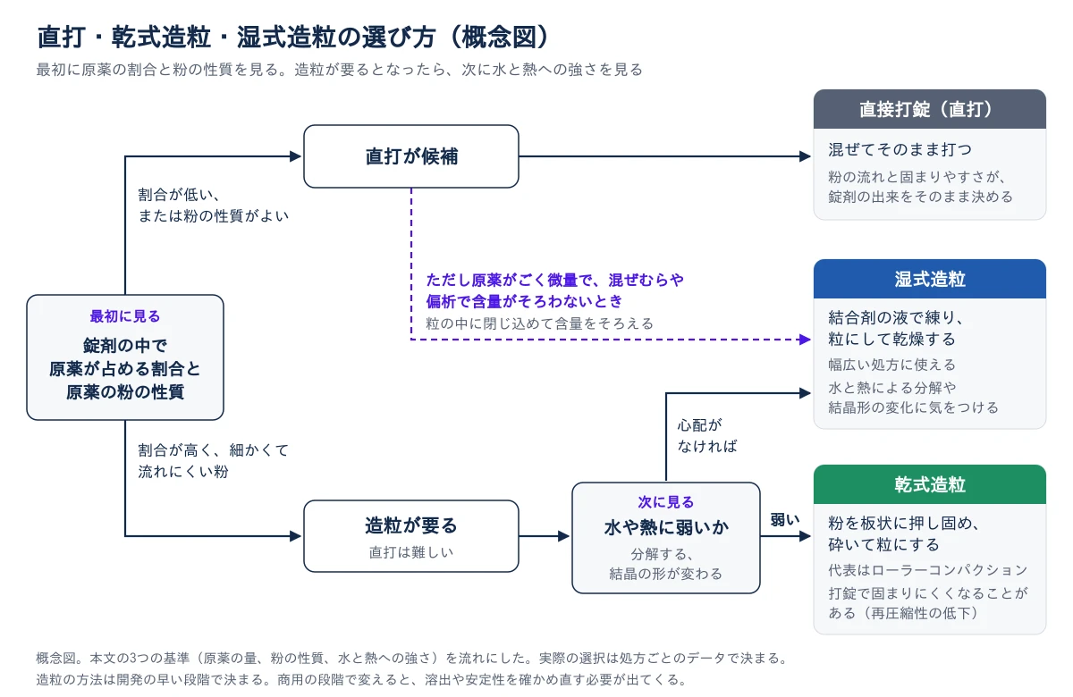 直打・乾式造粒・湿式造粒の選び方を左から右への流れで示した概念図。左端の最初に見る点は、錠剤の中で原薬が占める割合と原薬の粉の性質。割合が低い、または粉の性質がよいなら上の「直打が候補」へ進み、右端の直接打錠(直打)につながる。直打は混ぜてそのまま打つ方法で、粉の流れと固まりやすさが錠剤の出来をそのまま決める。ただし原薬がごく微量で、混ぜむらや偏析で含量がそろわないときは、紫の破線で湿式造粒へ分かれ、粒の中に閉じ込めて含量をそろえる。割合が高く、細かくて流れにくい粉なら下の「造粒が要る(直打は難しい)」へ進み、次に見る点は水や熱に弱いか(分解する、結晶の形が変わる)。弱ければ乾式造粒へ、心配がなければ湿式造粒へ進む。湿式造粒は結合剤の液で練り、粒にして乾燥する方法で、幅広い処方に使えるが、水と熱による分解や結晶形の変化に気をつける。乾式造粒は粉を板状に押し固め、砕いて粒にする方法で、代表はローラーコンパクション。打錠で固まりにくくなることがある(再圧縮性の低下)