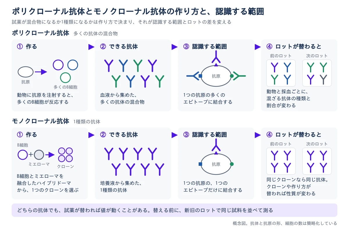 上の段はポリクローナル抗体、下の段はモノクローナル抗体で、それぞれ左から右へ4つの区画を並べる。上の段の1つ目は、動物に抗原を注射すると、多くのB細胞が別々のエピトープに反応すること。2つ目は、血液から集めた抗体が、色の違う3種類のY字で描かれた抗体の混合物であること。3つ目は、1つの抗原の表面にある3つのエピトープに、それぞれ別の抗体が結合していること。4つ目は、ロットが替わると、動物と採血ごとに混ざる抗体の種類と割合が変わること。下の段の1つ目は、B細胞をミエローマと融合してハイブリドーマを作り、1つの細胞からクローンを増やすこと。2つ目は、培養液から集めた抗体がすべて同じ色のY字で描かれた1種類の抗体であること。3つ目は、同じ抗原の3つのエピトープのうち、1つだけに抗体が結合していること。4つ目は、同じクローンなら同じ抗体を作り続けられるが、クローンや作り方が替われば性質が変わること。いちばん下の帯に、どちらの抗体でも、試薬が替われば値が動くことがあるため、替える前に新旧を並べて測ると示す。概念図で、抗体と抗原の形、細胞の数は簡略化している