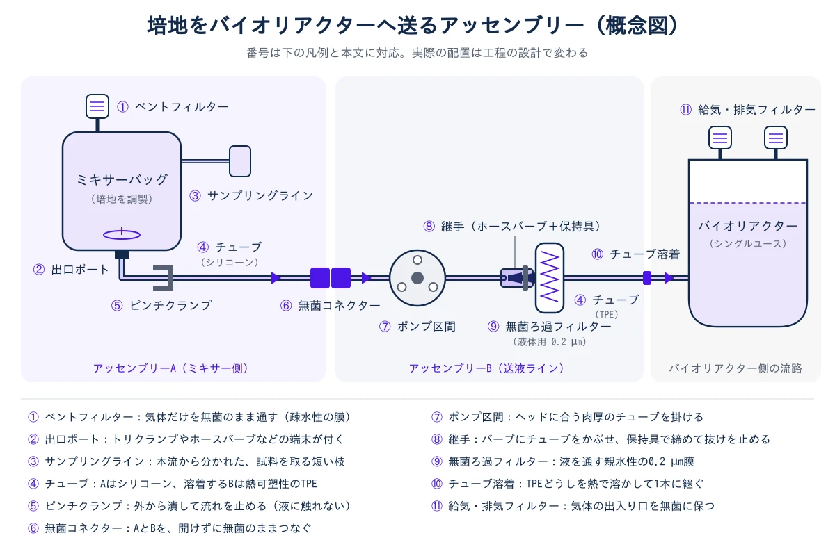 図1 培地をバイオリアクターへ送るアッセンブリーの概念図。左のアッセンブリーA(ミキサー側)では、ミキサーバッグの上に①ベントフィルター、脇に③サンプリングラインがあり、底の②出口ポートから出た④シリコーンチューブに⑤ピンチクランプが付く。⑥無菌コネクターで中央のアッセンブリーB(送液ライン)につながり、BのTPEチューブは⑦ポンプ区間を通って、⑧継手(ホースバーブと保持具)から⑨液体用の無菌ろ過フィルター(0.2 µm)に入る。右端は⑩チューブ溶着でバイオリアクターのフィードラインに継ぎ、バイオリアクターの上には⑪給気・排気フィルターがある。下に①〜⑪の役割の凡例がある