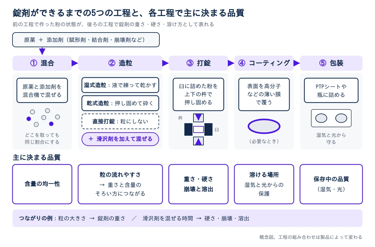 上に、原薬と添加剤(賦形剤・結合剤・崩壊剤など)を置き、そこから左から右へ5つの工程が並ぶ。①混合では、原薬と添加剤を混合機で混ぜる。②造粒では、湿式造粒(液で練って乾かす)、乾式造粒(押し固めて砕く)、直接打錠(粒にしない)の3つの道があり、どの道でも最後に滑沢剤を加えて混ぜる。③打錠では、臼に詰めた粉を上下の杵で押し固める。④コーティングでは、必要なときに表面を高分子などの薄い膜で覆う。⑤包装では、PTPシートや瓶に詰める。下の段に、各工程で主に決まる品質を並べる。①は含量の均一性、②は粒の流れやすさで、これが重さと含量のそろい方につながる。③は重さ・硬さ・崩壊と溶出、④は溶ける場所と湿気や光からの保護、⑤は保存中の品質。いちばん下の帯に、つながりの例として、粒の大きさが錠剤の重さに、滑沢剤を混ぜる時間が硬さ・崩壊・溶出に表れることを示す。概念図で、工程の組み合わせは製品によって変わる