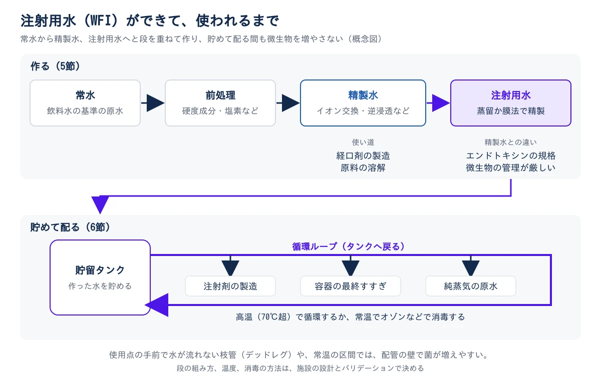 上段は「作る(5節)」。常水(飲料水の基準の原水)から前処理(硬度成分・塩素など)、精製水(イオン交換・逆浸透など)、注射用水(蒸留か膜法で精製)へと矢印でつながる。精製水の下に使い道として経口剤の製造と原料の溶解、注射用水の下に精製水との違いとしてエンドトキシンの規格と、微生物の管理が厳しいことを書く。注射用水から下段へ矢印が下りる。下段は「貯めて配る(6節)」。貯留タンクから循環ループが出て、注射剤の製造、容器の最終すすぎ、純蒸気の原水の3つの使用点へ水を送り、タンクへ戻る。ループは高温(70℃超)で循環するか、常温でオゾンなどで消毒する。下の注記は、使用点の手前で水が流れない枝管(デッドレグ)や常温の区間では配管の壁で菌が増えやすいこと、段の組み方・温度・消毒の方法は施設の設計とバリデーションで決めること